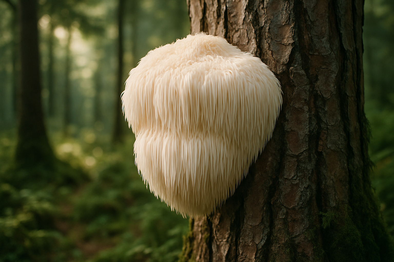An aesthetic looking lion's mane mushroom growing on a pine tree in the forest