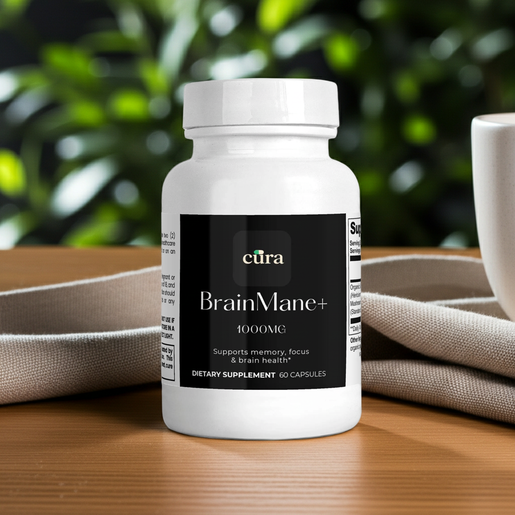 Brain Mane +, a premium Lion's Mane capsule bottle by cüra at curasupplements.com