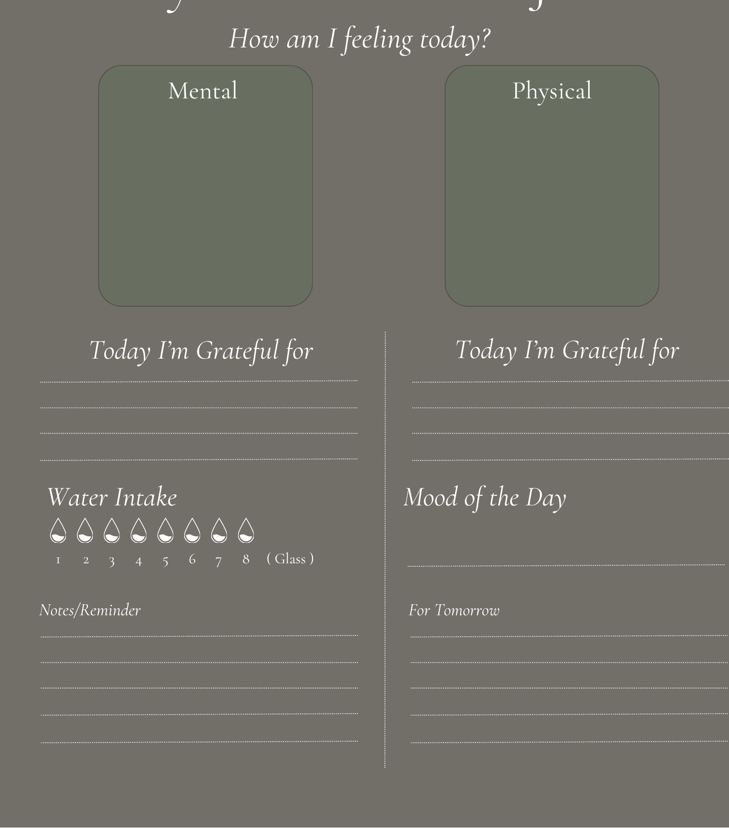 Daily Focus & Self-Care Journal with 'cura' branding on a gray background