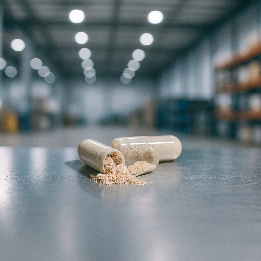 Two lion's mane capsules with a powdery substance on a metallic surface in a warehouse setting.
