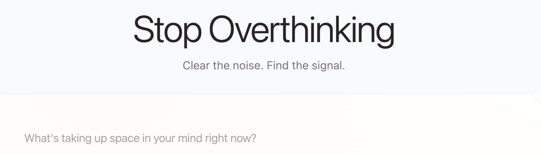 Website interface with text 'Stop Overthinking' and a button labeled 'Purge'.