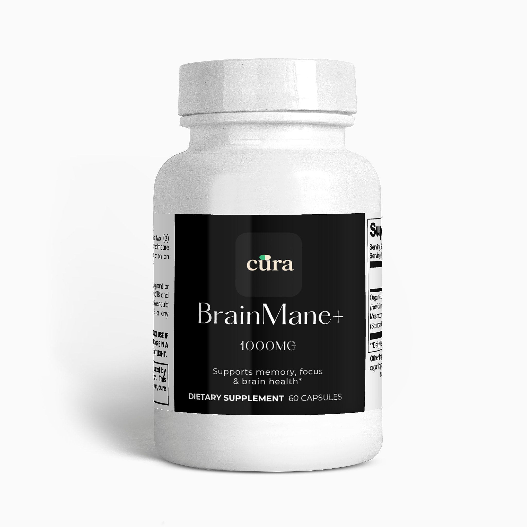 Supplement bottle labeled Curah BrainMane+ on a white background