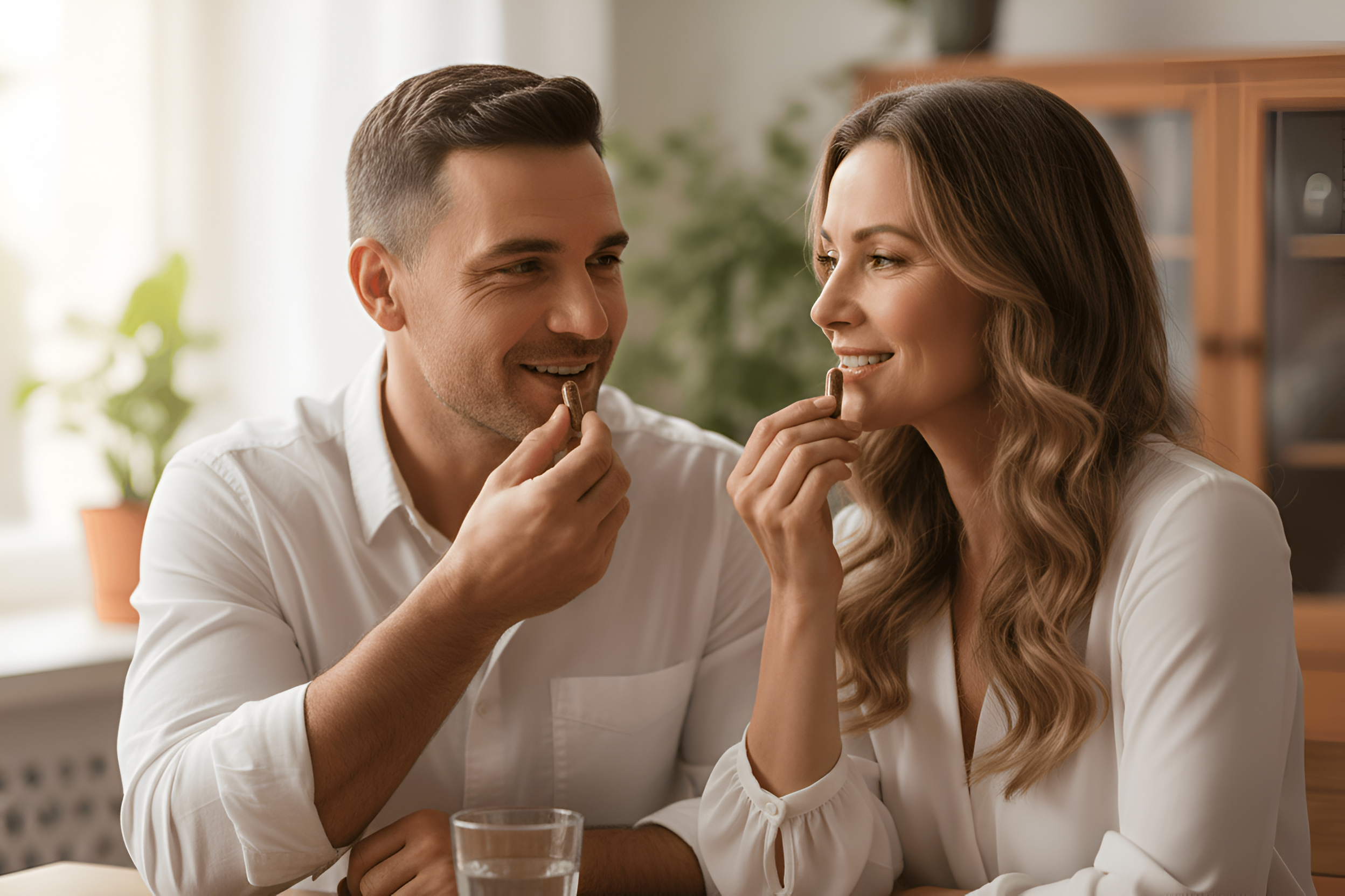 Man and woman sharing a moment of intimacy indoors, taking Lion's Mane Capsules